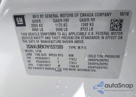 2017 Chevrolet Equinox Ls из США, поврежденный, VIN 2GNALBEK7H1537389